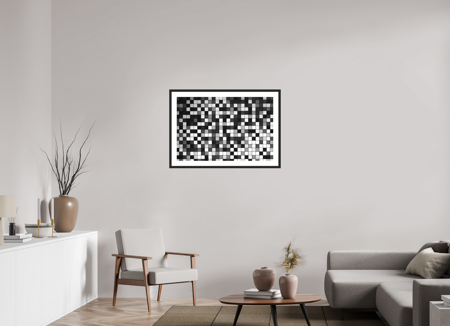 90 x 60 cm, Baryta Framed with Passepartout and Premium Glass Pixels - Abstrakte Schwarzweiß-Fotografie - Hochwertiger Abzug in Galeriequalität