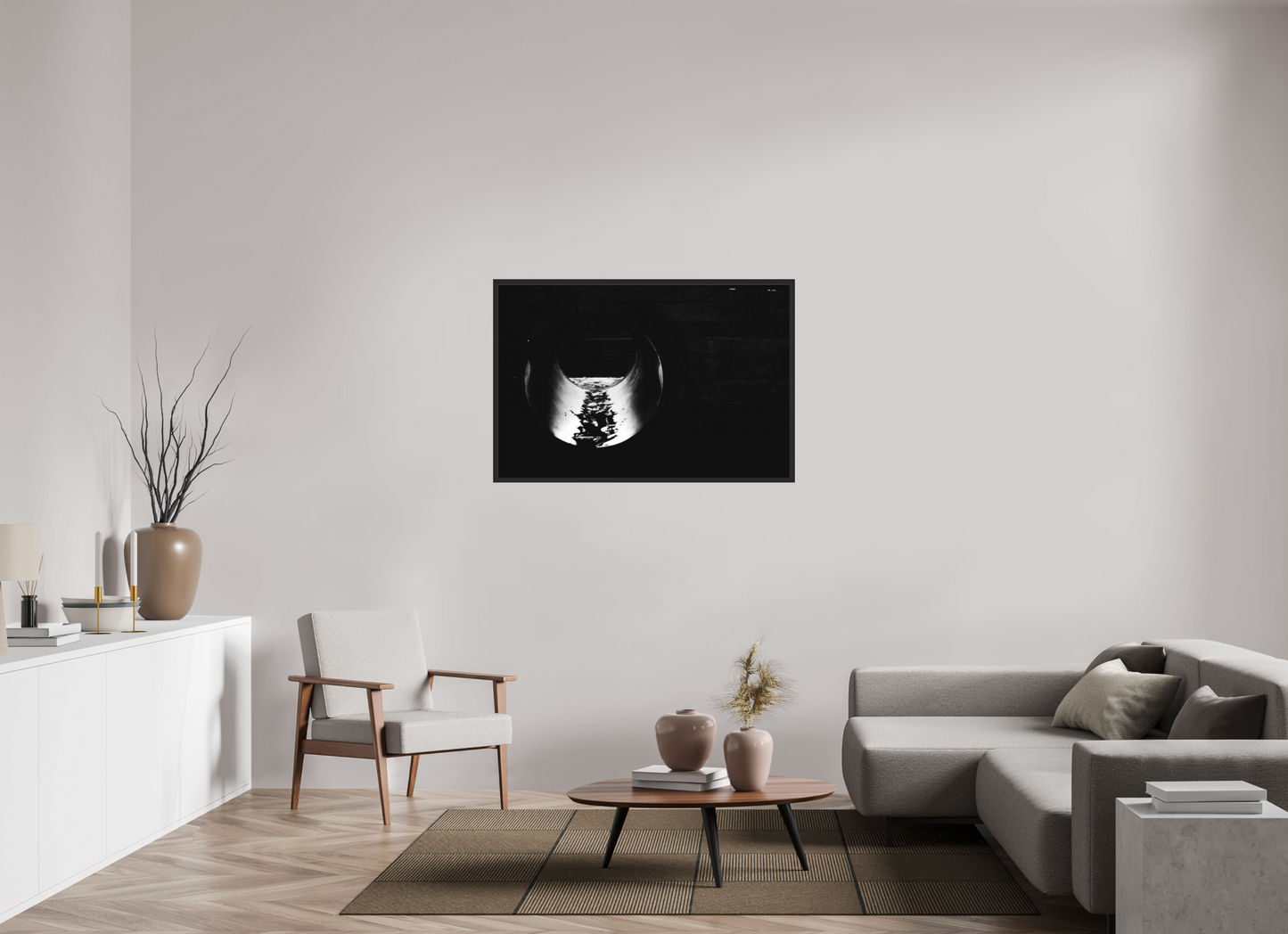120 x 80 cm, Ilford on Aluminium behind Acrylic Glass, Framed Pipe - Abstrakte Schwarzweiß Nachtfotografie - Hochwertiger Abzug in Galeriequalität