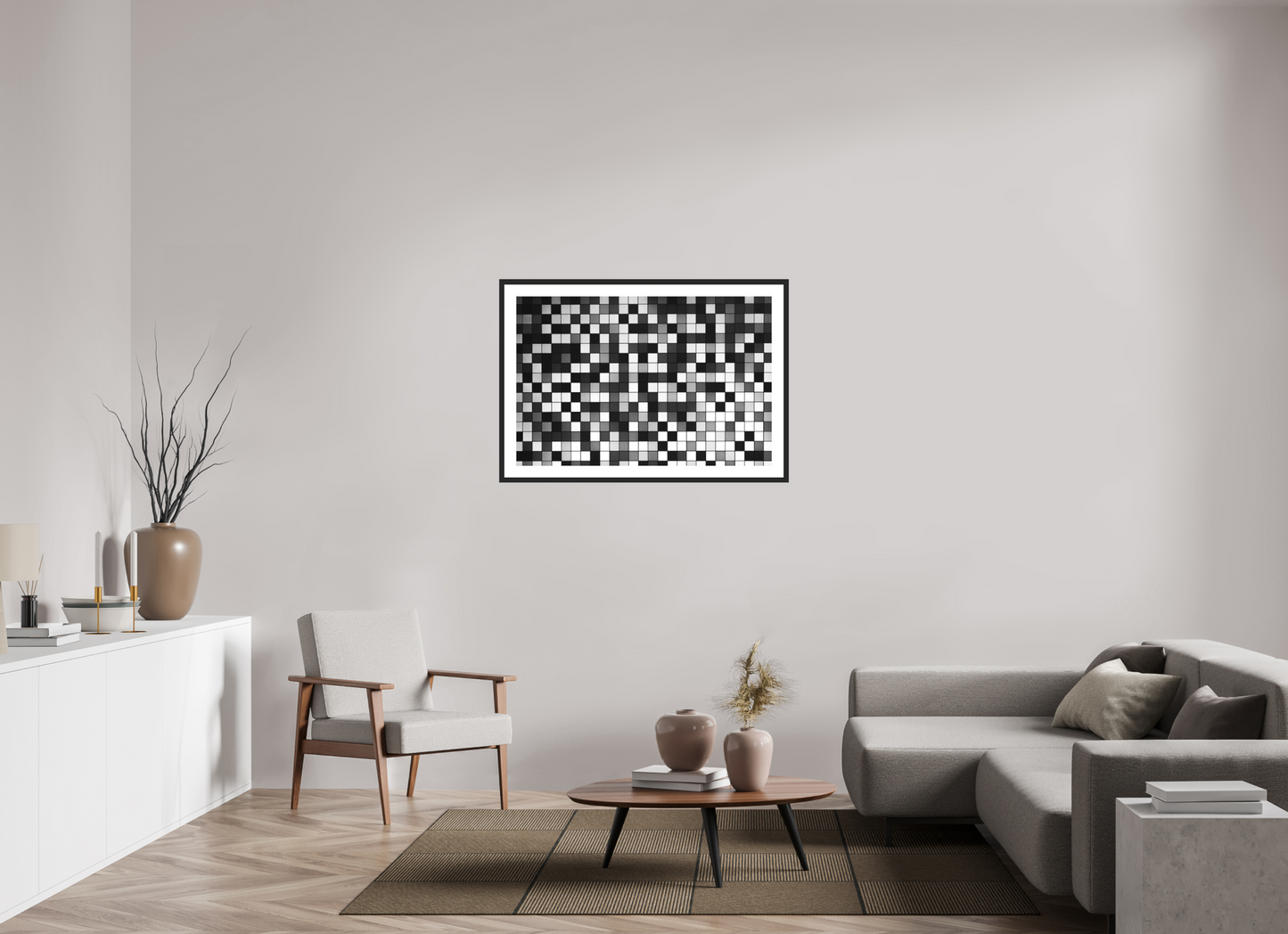 105 x 70 cm, Ilford Framed with Passepartout and Premium Glass Pixels - Abstrakte Schwarzweiß-Fotografie - Hochwertiger Abzug in Galeriequalität