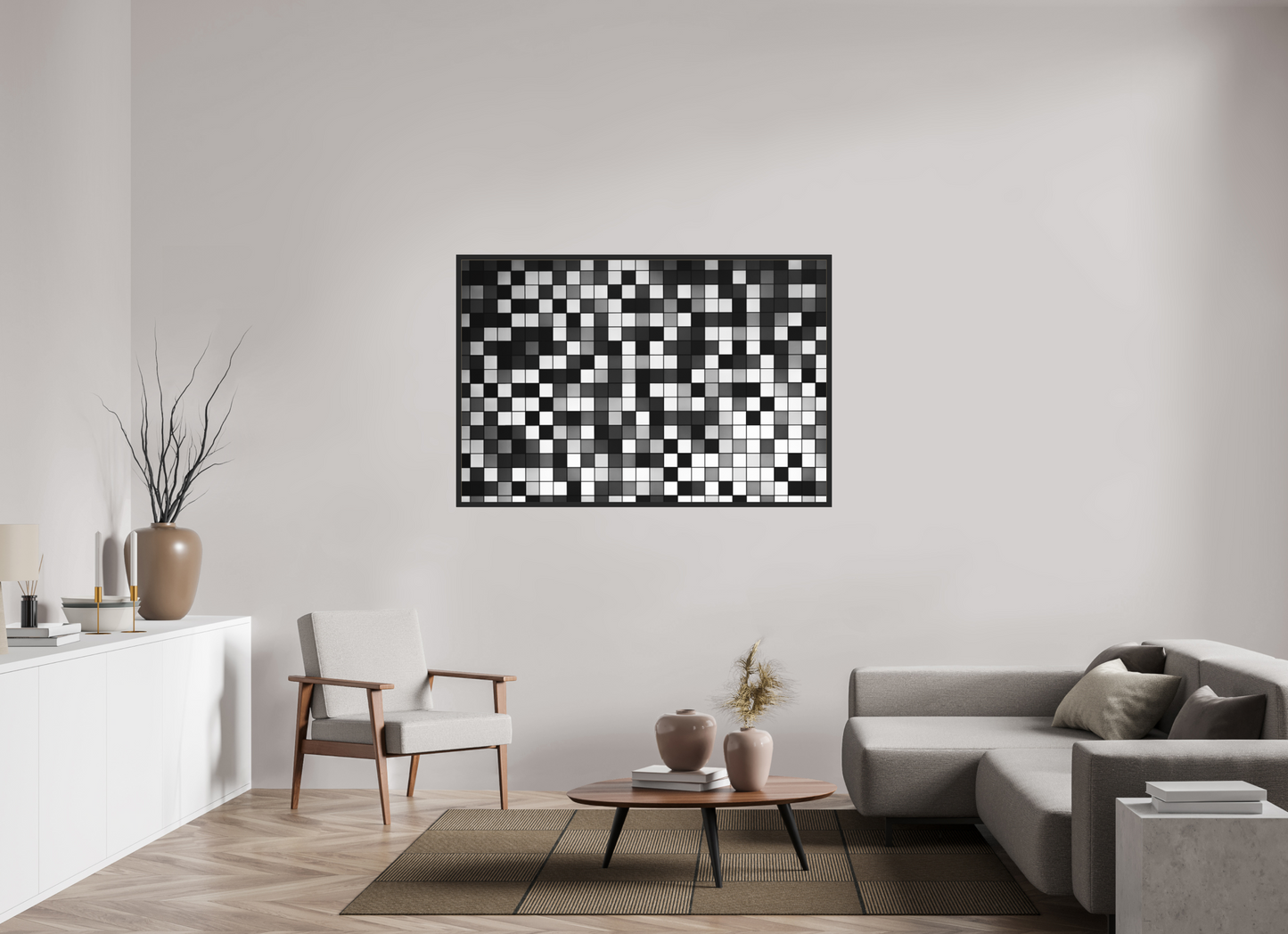 150 x 100 cm, Ilford on Aluminium behind Acrylic Glass, Framed Pixels - Abstrakte Schwarzweiß-Fotografie - Hochwertiger Abzug in Galeriequalität