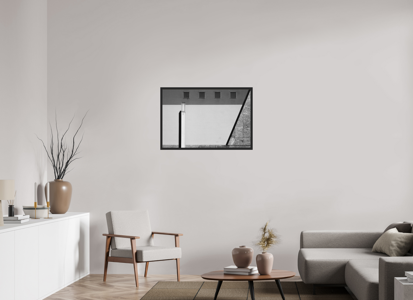 90 x 60 cm, Ilford on Aluminium behind Acrylic Glass, Framed Geometry - Abstrakte Schwarzweiß-Architekturfotografie - Hochwertiger Abzug in Galeriequalität