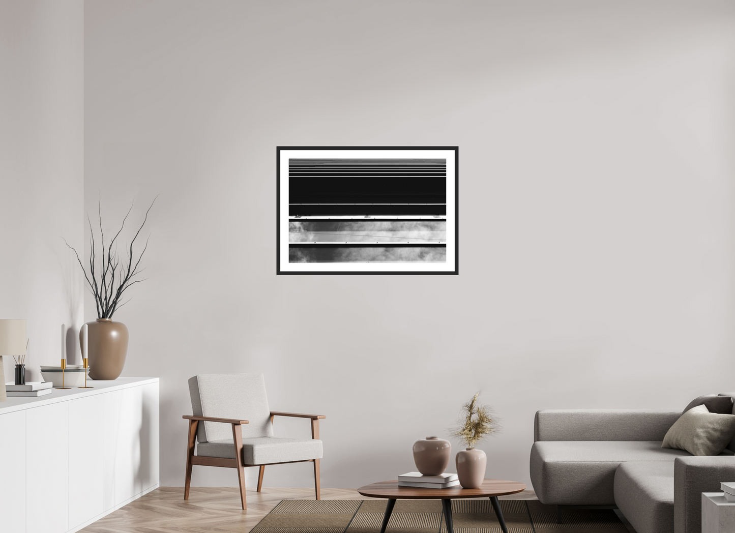 90 x 60 cm, Baryta Framed with Passepartout and Premium Glass Ripple - Abstrakte Schwarzweiß-Architekturfotografie - Hochwertiger Abzug in Galeriequalität