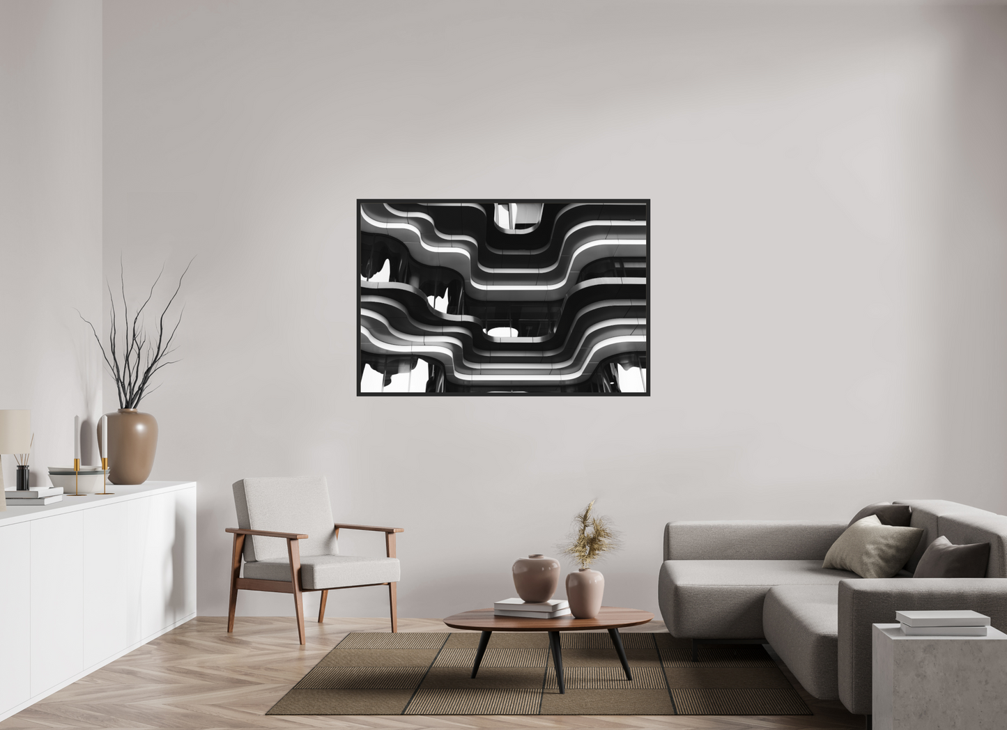 150 x 100 cm, Ilford on Aluminium, Framed Waves - Abstrakte Schwarzweiß-Architekturfotografie - Hochwertiger Abzug in Galeriequalität