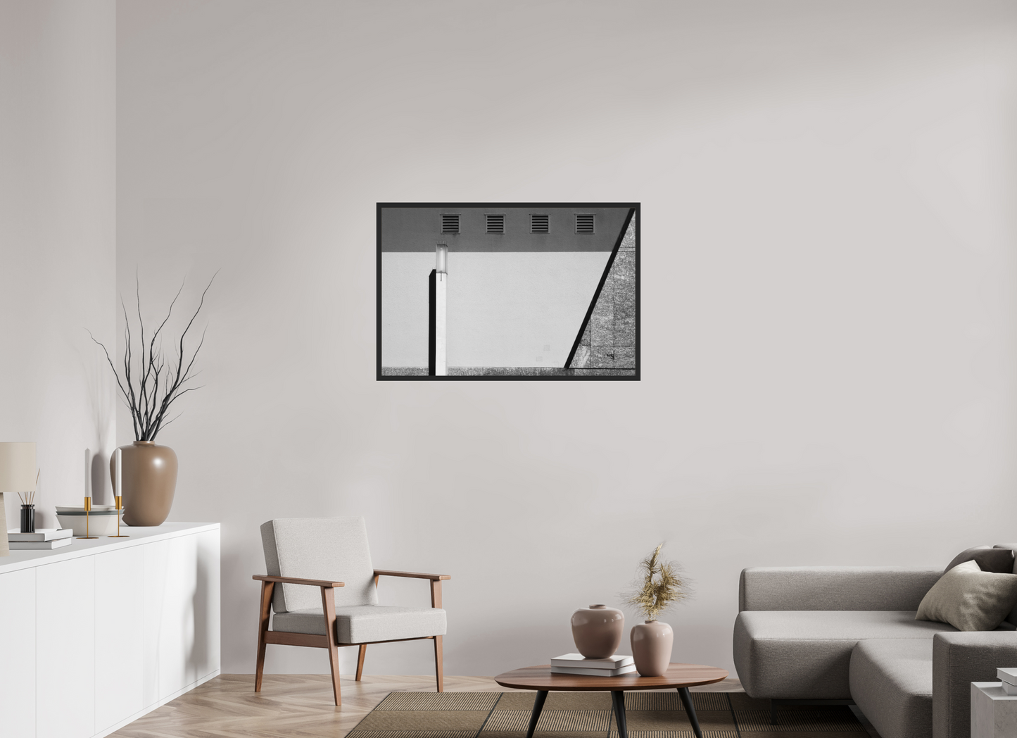 105 x 70 cm, Ilford on Aluminium behind Acrylic Glass, Framed Geometry - Abstrakte Schwarzweiß-Architekturfotografie - Hochwertiger Abzug in Galeriequalität