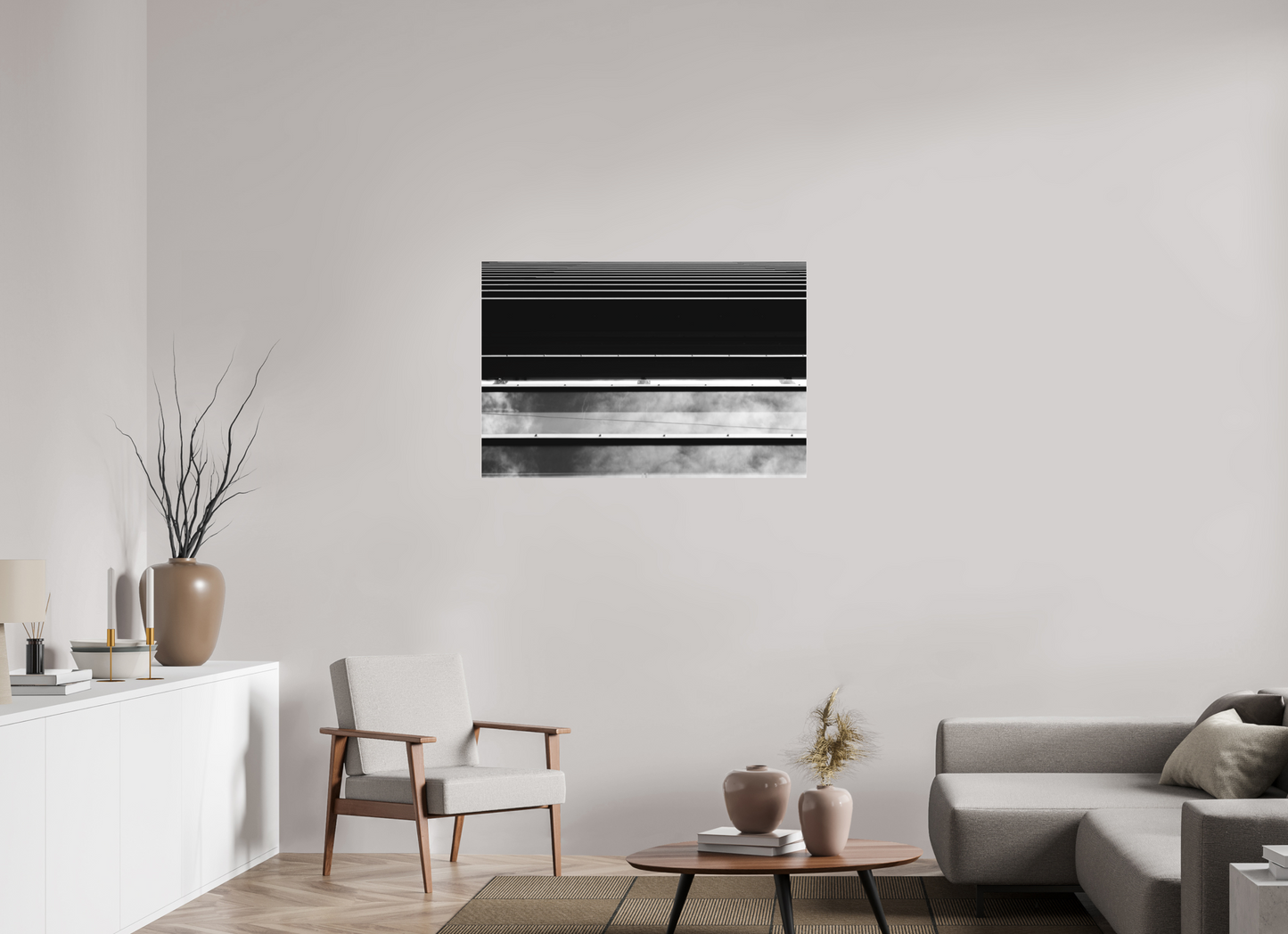 105 x 70 cm, Ilford on Aluminium behind Acrylic Glass Ripple - Abstrakte Schwarzweiß-Architekturfotografie - Hochwertiger Abzug in Galeriequalität