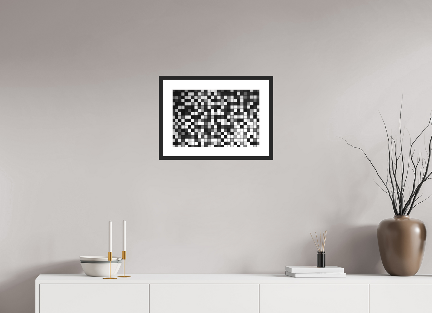45 x 30 cm, Baryta Framed with Passepartout and Premium Glass Pixels - Abstrakte Schwarzweiß-Fotografie - Hochwertiger Abzug in Galeriequalität