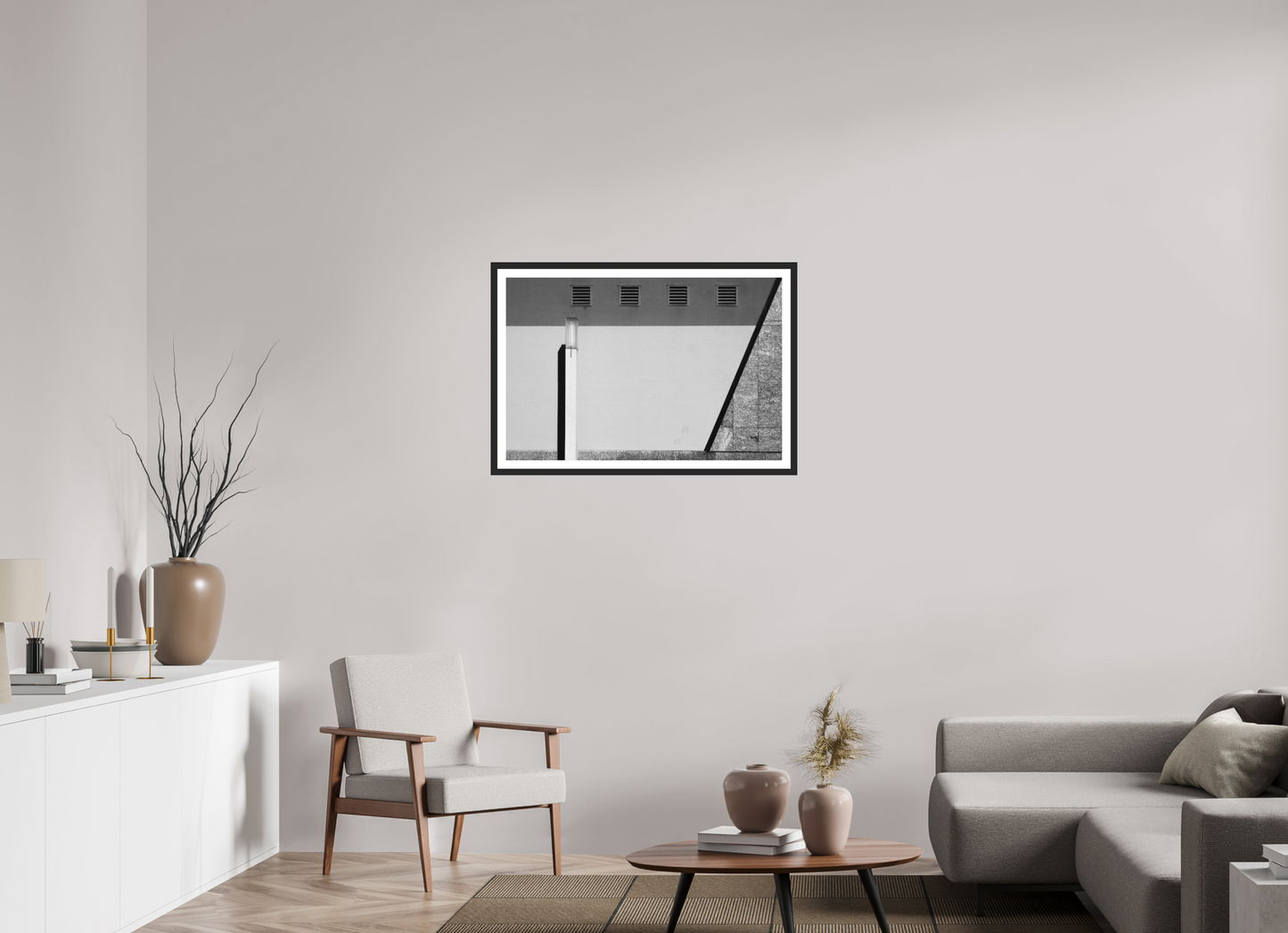 90 x 60 cm, Ilford on Aluminium behind Acrylic Glass, Framed with Border Geometry - Abstrakte Schwarzweiß-Architekturfotografie - Hochwertiger Abzug in Galeriequalität