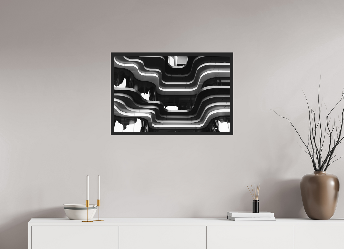 75 x 50 cm, Ilford on Aluminium, Framed Waves - Abstrakte Schwarzweiß-Architekturfotografie - Hochwertiger Abzug in Galeriequalität