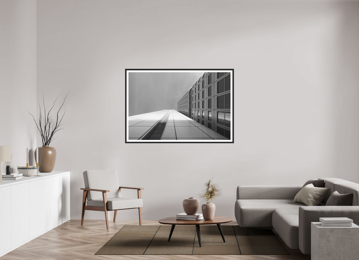 150 x 100 cm, Ilford on Aluminium behind Acrylic Glass, Framed with Border Vertigo - Schwarzweiß-Architekturfotografie - Hochwertiger Abzug in Galeriequalität
