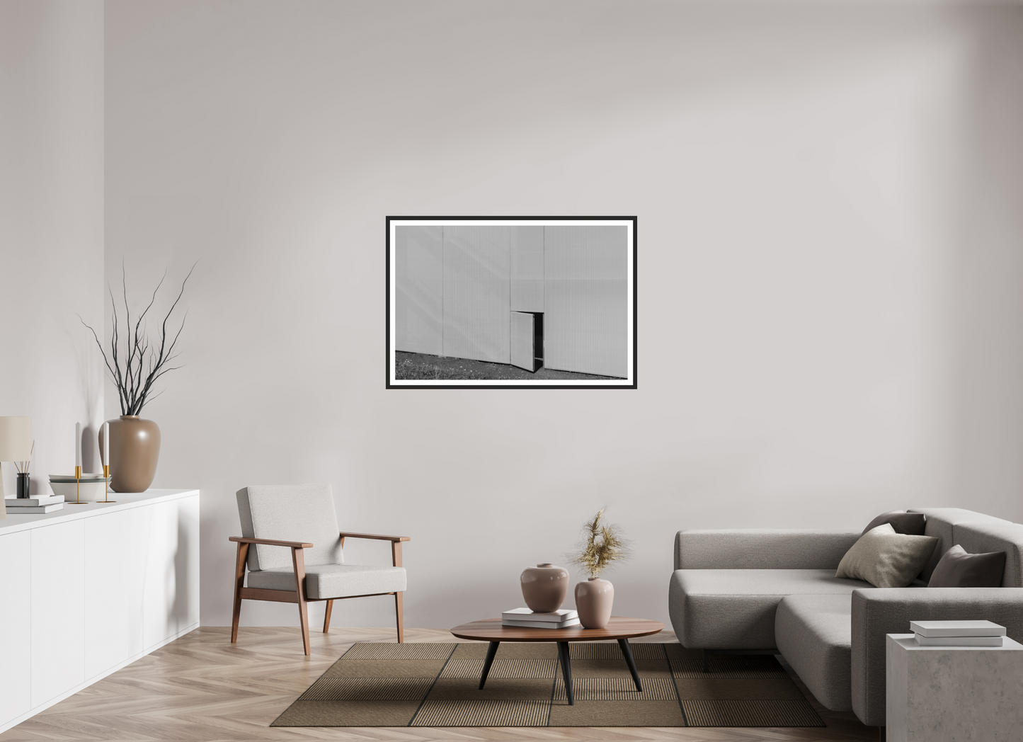120 x 80 cm, Ilford on Aluminium, Framed with Border Temptation - Minimalistische Schwarzweiß-Architekturfotografie - Hochwertiger Abzug in Galeriequalität