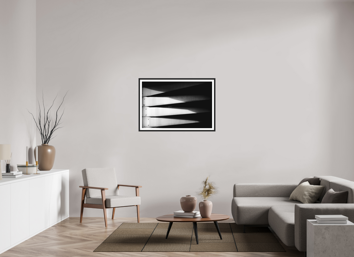 105 x 70 cm, Ilford on Aluminium behind Acrylic Glass, Framed with Border Fangs - Abstrakte Schwarzweiß-Fotografie - Hochwertiger Abzug in Galeriequalität
