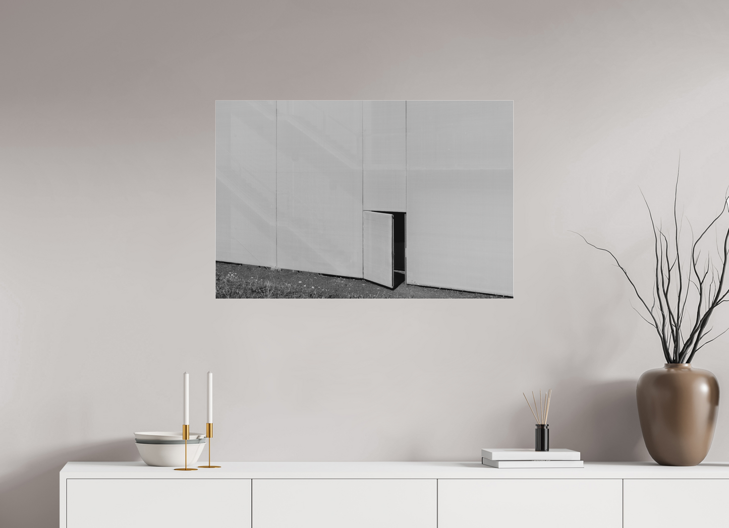 90 x 60 cm, Ilford on Aluminium behind Acrylic Glass Temptation - Minimalistische Schwarzweiß-Architekturfotografie - Hochwertiger Abzug in Galeriequalität