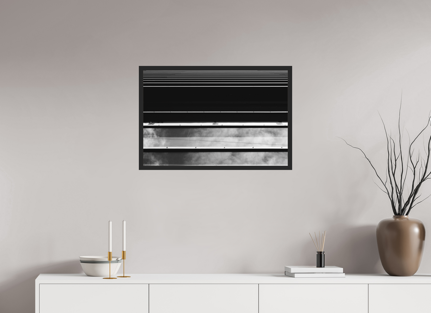 75 x 50 cm, Ilford on Aluminium behind Acrylic Glass, Framed Ripple - Abstrakte Schwarzweiß-Architekturfotografie - Hochwertiger Abzug in Galeriequalität