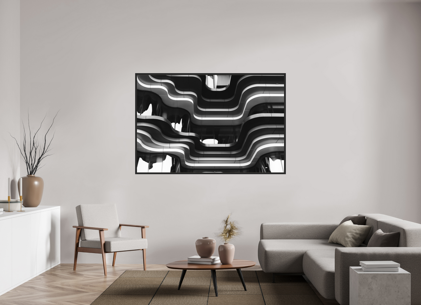 180 x 120 cm, Ilford on Aluminium behind Acrylic Glass, Framed Waves - Abstrakte Schwarzweiß-Architekturfotografie - Hochwertiger Abzug in Galeriequalität