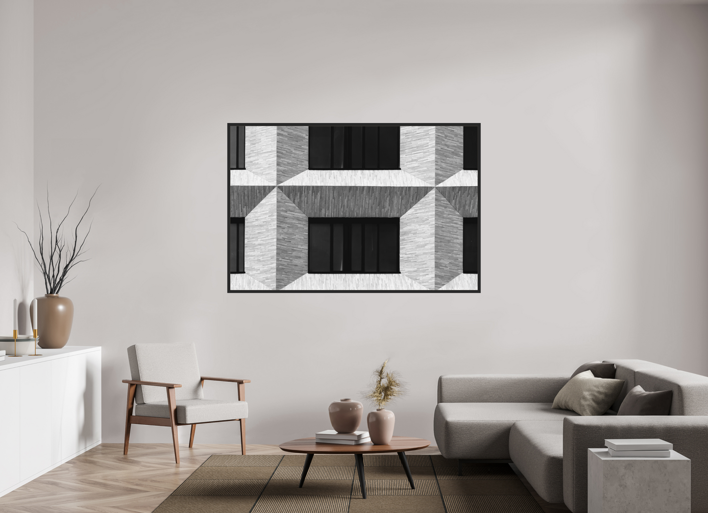 180 x 120 cm, Ilford on Aluminium behind Acrylic Glass, Framed Waffle II - Schwarzweiß-Architekturfotografie, Naheinstellung - Hochwertiger Abzug in Galeriequalität