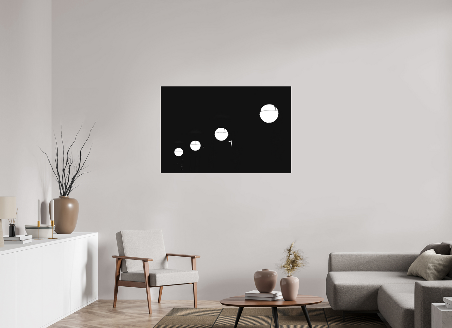 120 x 80 cm, Ilford on Aluminium behind Acrylic Glass Trajectory - Abstrakte Schwarzweiß-Nachtfotografie - Hochwertiger Abzug in Galeriequalität