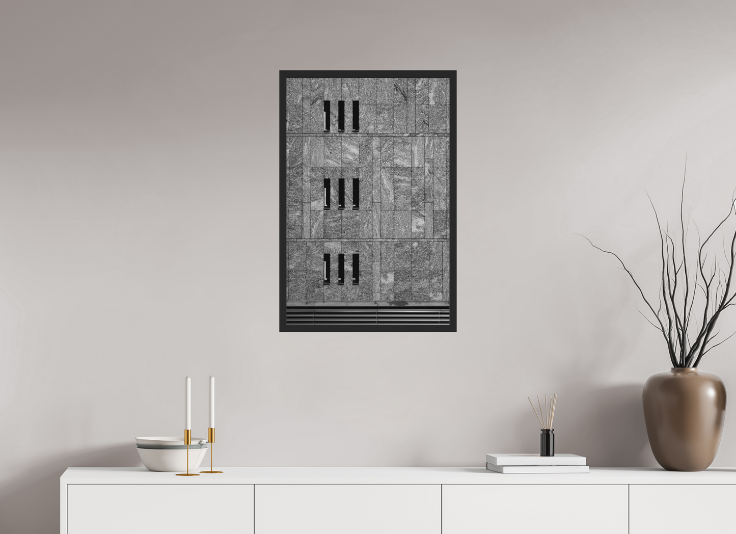 50 x 75 cm, Ilford on Aluminium, Framed Nine - Schwarzweiß-Architekturfotografie - Hochwertiger Abzug in Galeriequalität