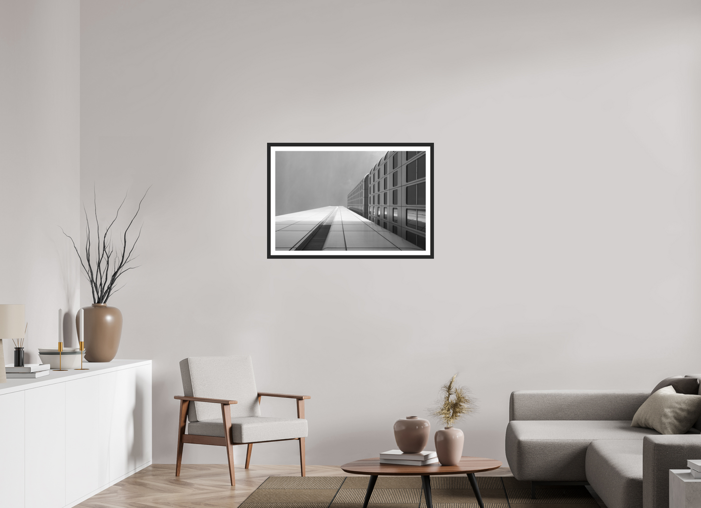 90 x 60 cm, Ilford on Aluminium, Framed with Border Vertigo - Schwarzweiß-Architekturfotografie - Hochwertiger Abzug in Galeriequalität