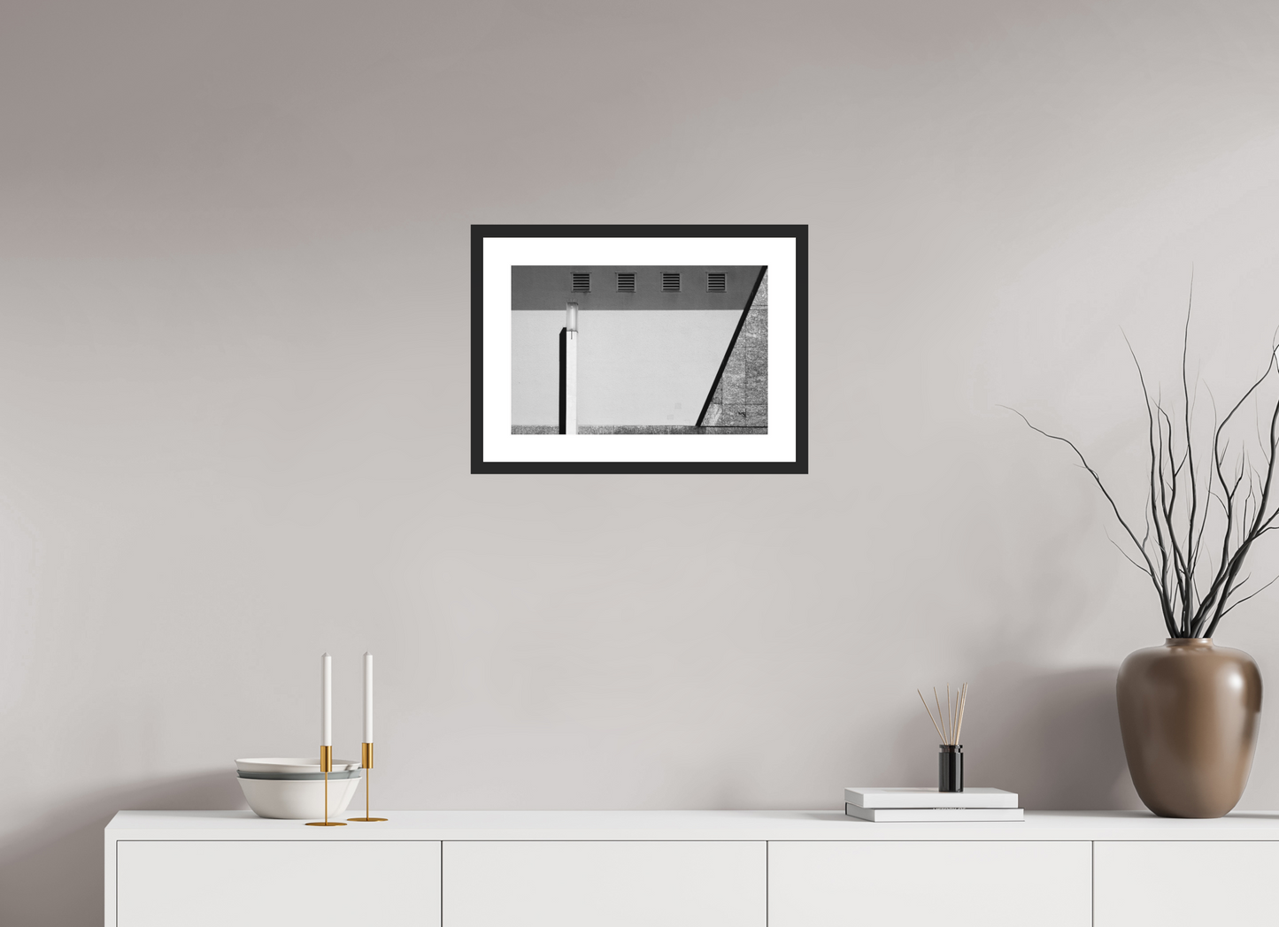 45 x 30 cm, Baryta Framed with Passepartout and Premium Glass Geometry - Abstrakte Schwarzweiß-Architekturfotografie - Hochwertiger Abzug in Galeriequalität