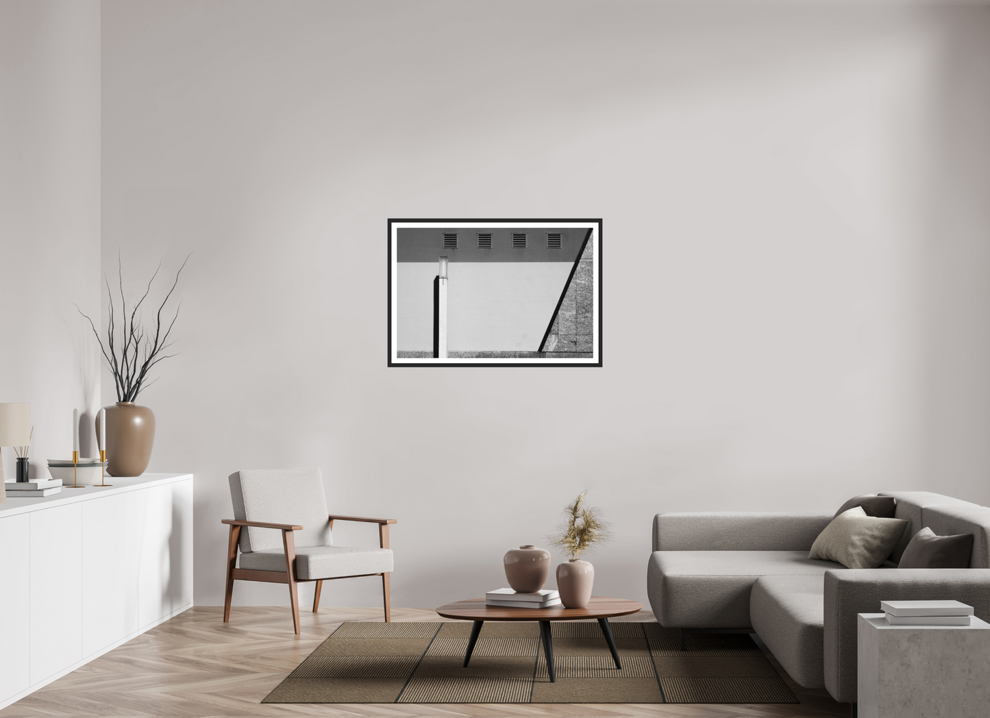 105 x 70 cm, Ilford on Aluminium behind Acrylic Glass, Framed with Border Geometry - Abstrakte Schwarzweiß-Architekturfotografie - Hochwertiger Abzug in Galeriequalität