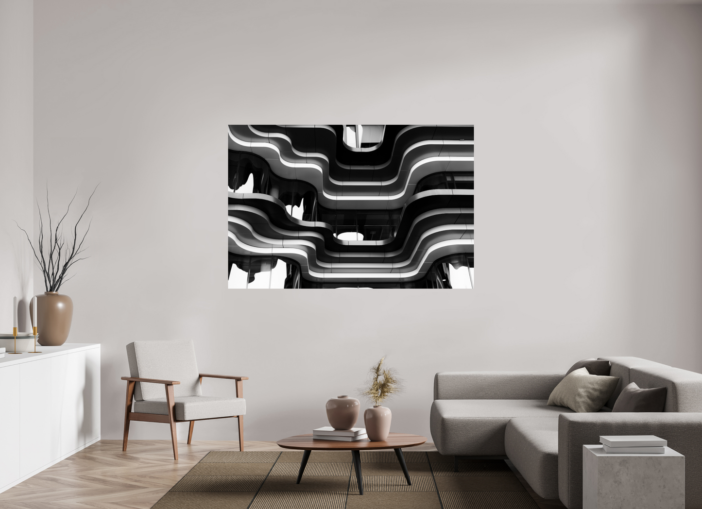 180 x 120 cm, Ilford Photo Print Waves - Abstrakte Schwarzweiß-Architekturfotografie - Hochwertiger Abzug in Galeriequalität