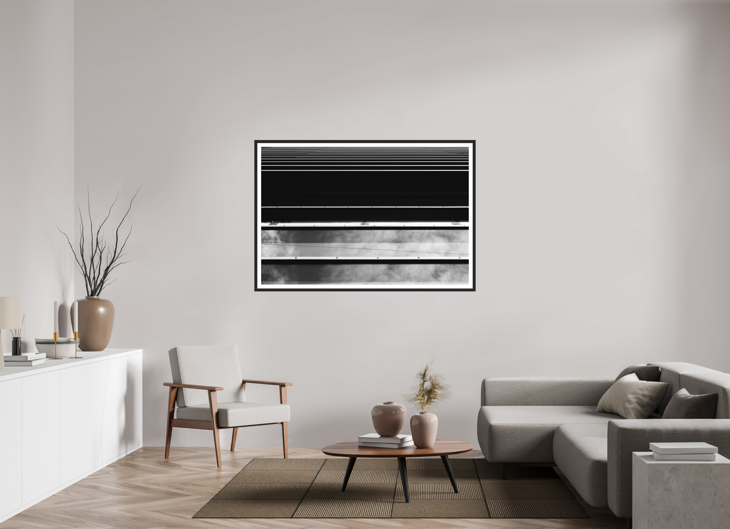 150 x 100 cm, Ilford on Aluminium, Framed with Border Ripple - Abstrakte Schwarzweiß-Architekturfotografie - Hochwertiger Abzug in Galeriequalität