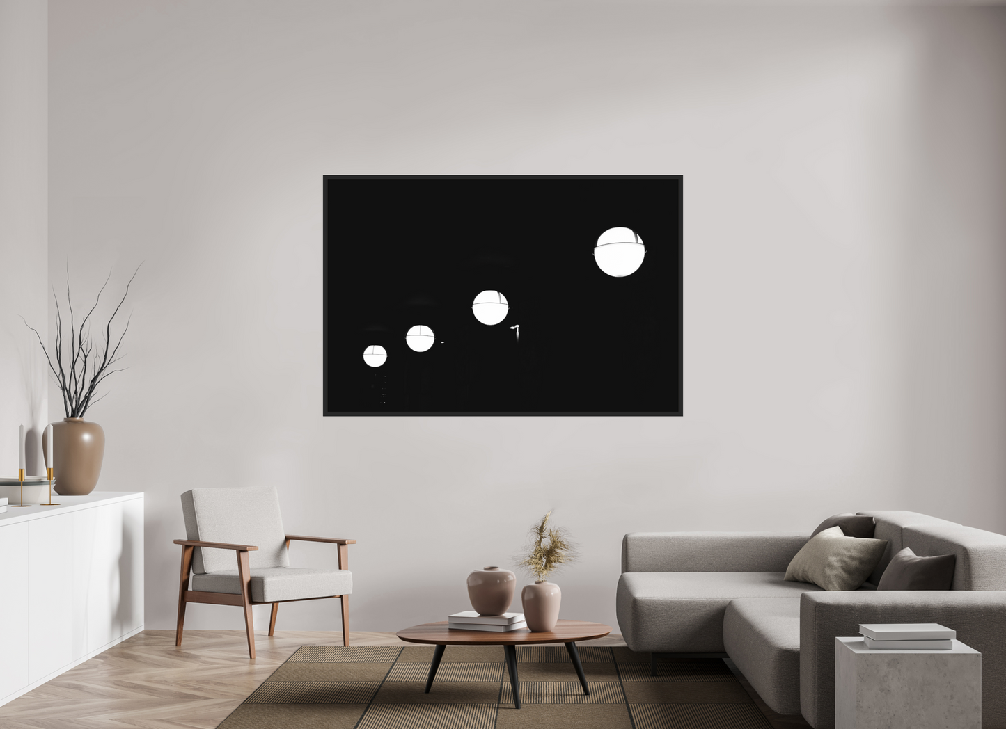 180 x 120 cm, Ilford on Aluminium behind Acrylic Glass, Framed Trajectory - Abstrakte Schwarzweiß-Nachtfotografie - Hochwertiger Abzug in Galeriequalität