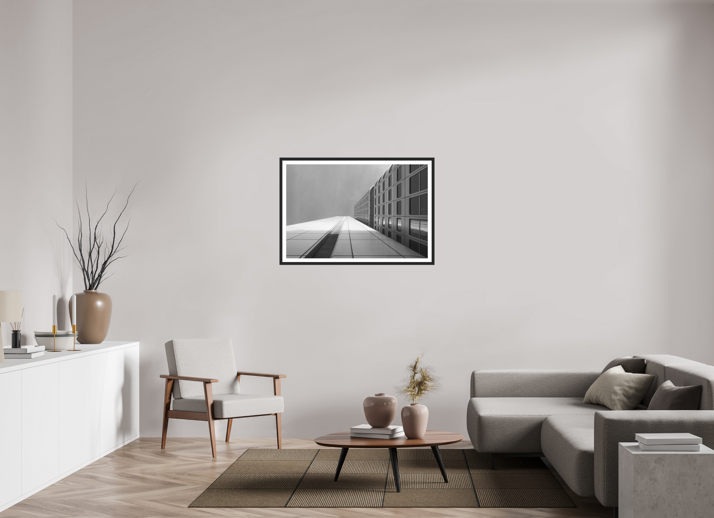105 x 70 cm, Ilford on Aluminium behind Acrylic Glass, Framed with Border Vertigo - Schwarzweiß-Architekturfotografie - Hochwertiger Abzug in Galeriequalität