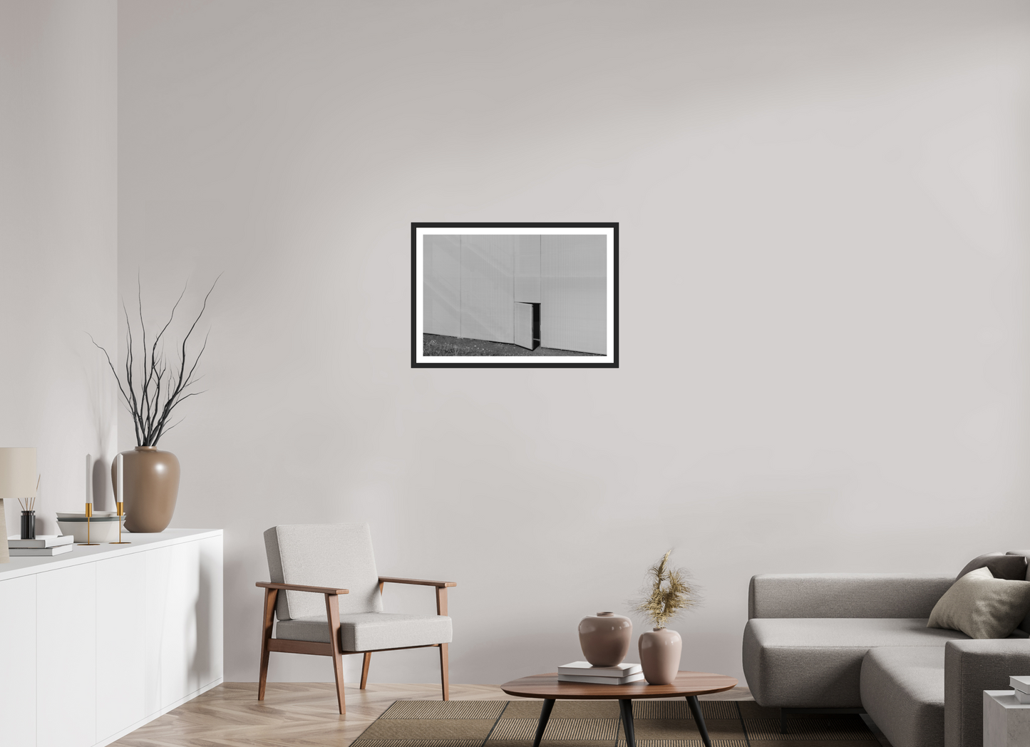 75 x 50 cm, Ilford on Aluminium, Framed with Border Temptation - Minimalistische Schwarzweiß-Architekturfotografie - Hochwertiger Abzug in Galeriequalität