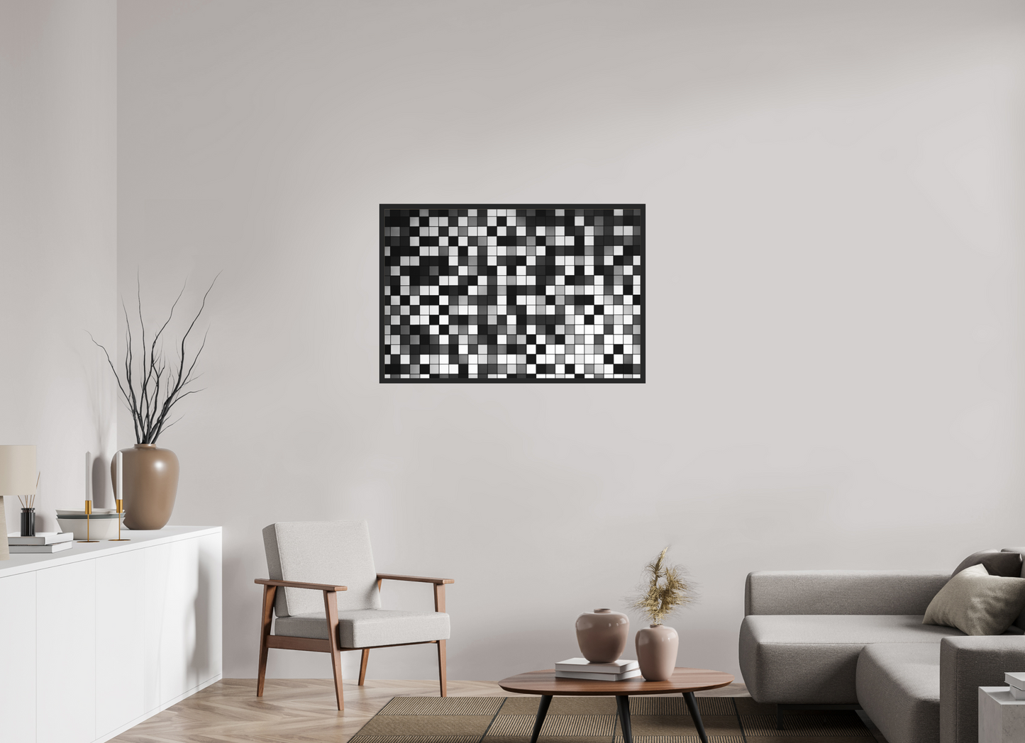 105 x 70 cm, Ilford on Aluminium behind Acrylic Glass, Framed Pixels - Abstrakte Schwarzweiß-Fotografie - Hochwertiger Abzug in Galeriequalität