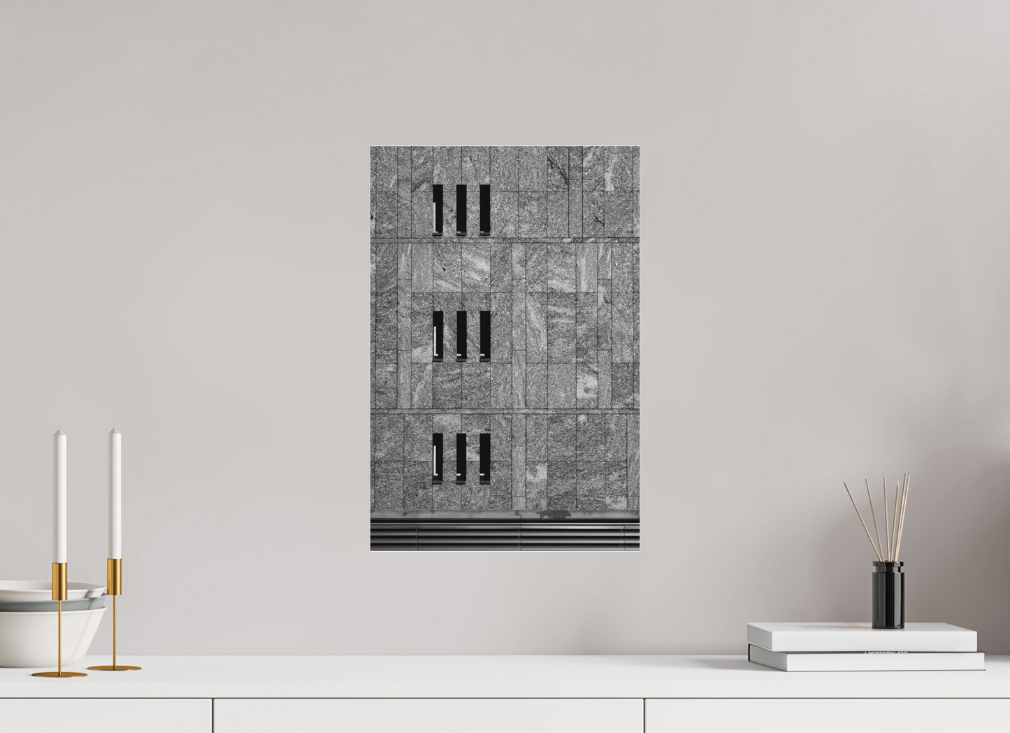 30 x 45 cm, Ilford on Aluminium behind Acrylic Glass Nine - Schwarzweiß-Architekturfotografie - Hochwertiger Abzug in Galeriequalität