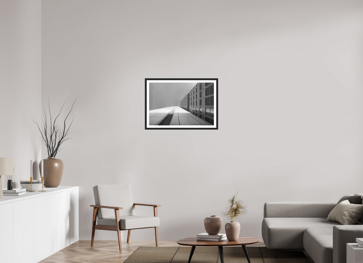75 x 50 cm, Ilford on Aluminium, Framed with Border Vertigo - Schwarzweiß-Architekturfotografie - Hochwertiger Abzug in Galeriequalität