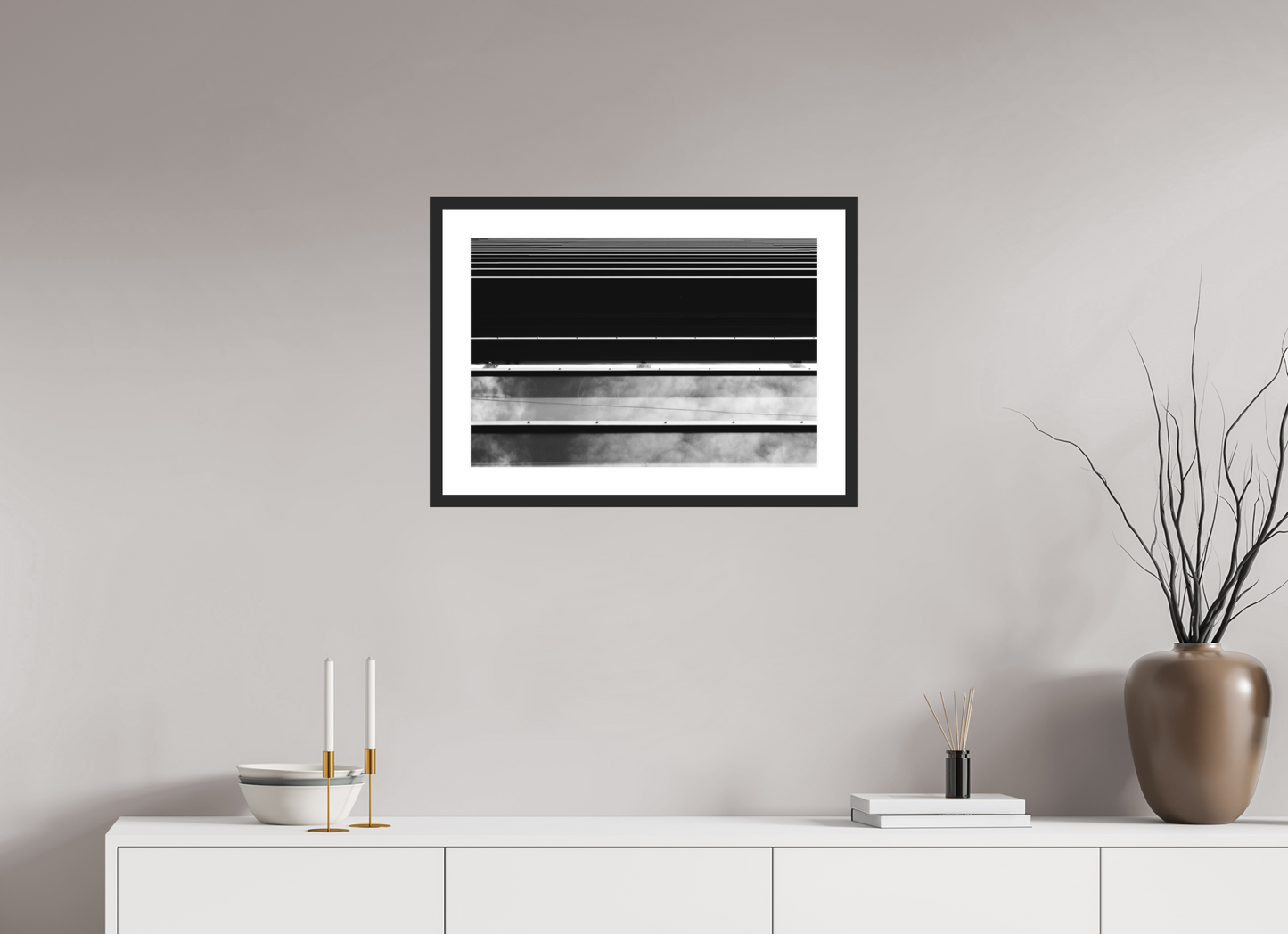 60 x 40 cm, Baryta Framed with Passepartout and Premium Glass Ripple - Abstrakte Schwarzweiß-Architekturfotografie - Hochwertiger Abzug in Galeriequalität
