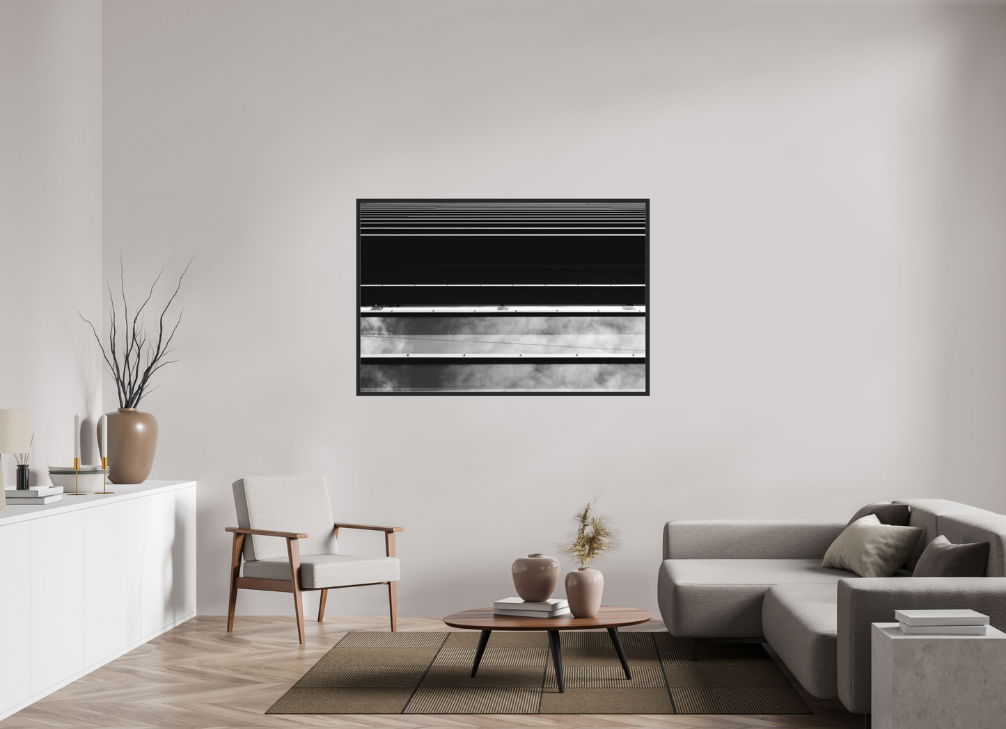 150 x 100 cm, Ilford on Aluminium behind Acrylic Glass, Framed Ripple - Abstrakte Schwarzweiß-Architekturfotografie - Hochwertiger Abzug in Galeriequalität