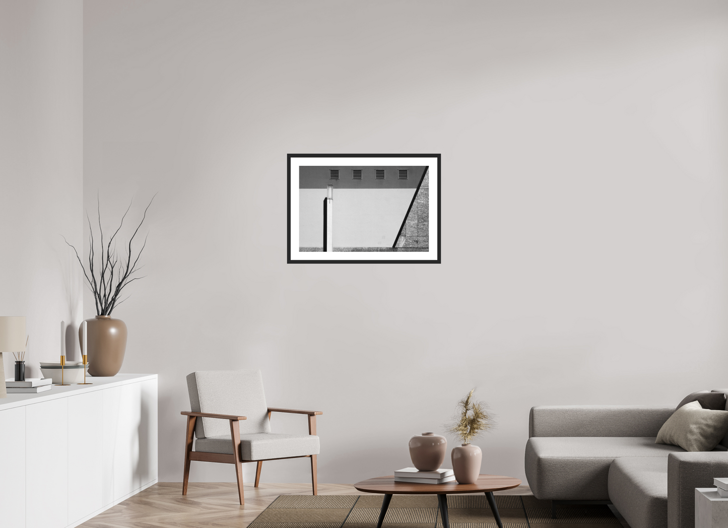 75 x 50 cm, Ilford Framed with Passepartout and Premium Glass Geometry - Abstrakte Schwarzweiß-Architekturfotografie - Hochwertiger Abzug in Galeriequalität