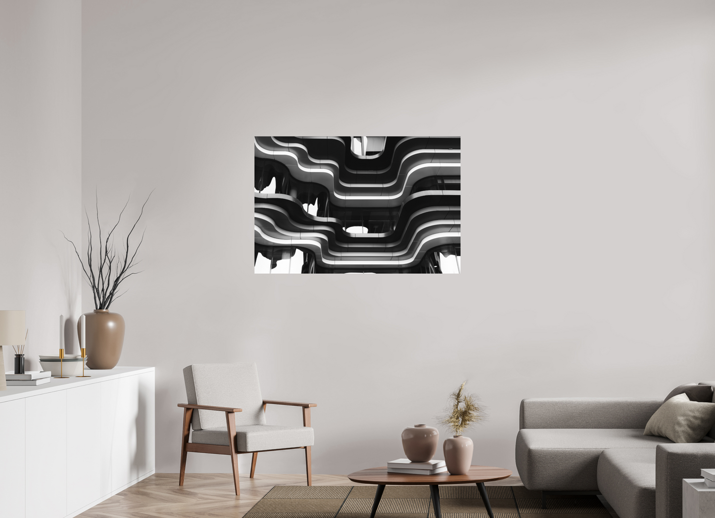 120 x 80 cm, Ilford on Aluminium Waves - Abstrakte Schwarzweiß-Architekturfotografie - Hochwertiger Abzug in Galeriequalität