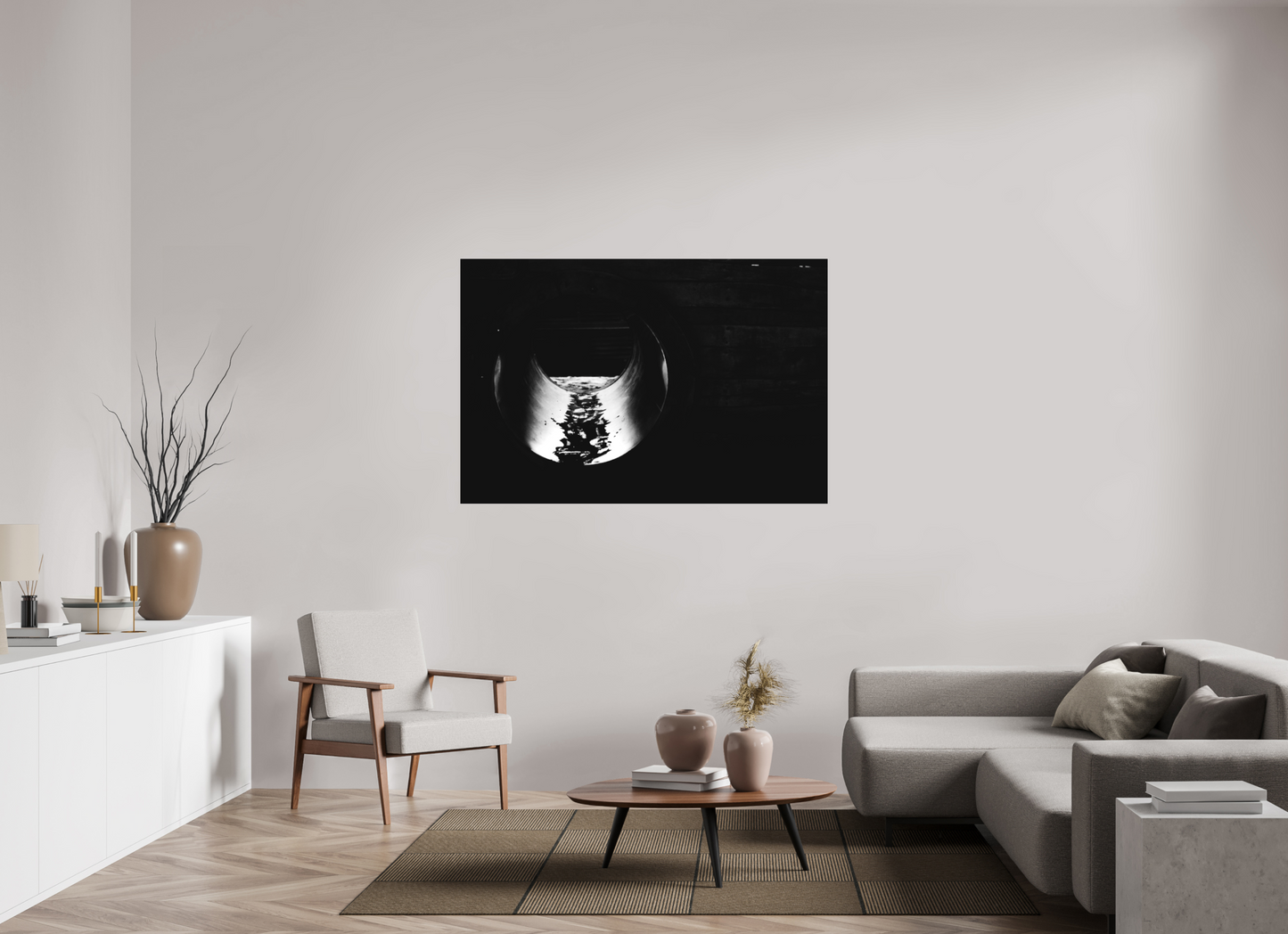 150 x 100 cm, Ilford on Aluminium behind Acrylic Glass Pipe - Abstrakte Schwarzweiß Nachtfotografie - Hochwertiger Abzug in Galeriequalität
