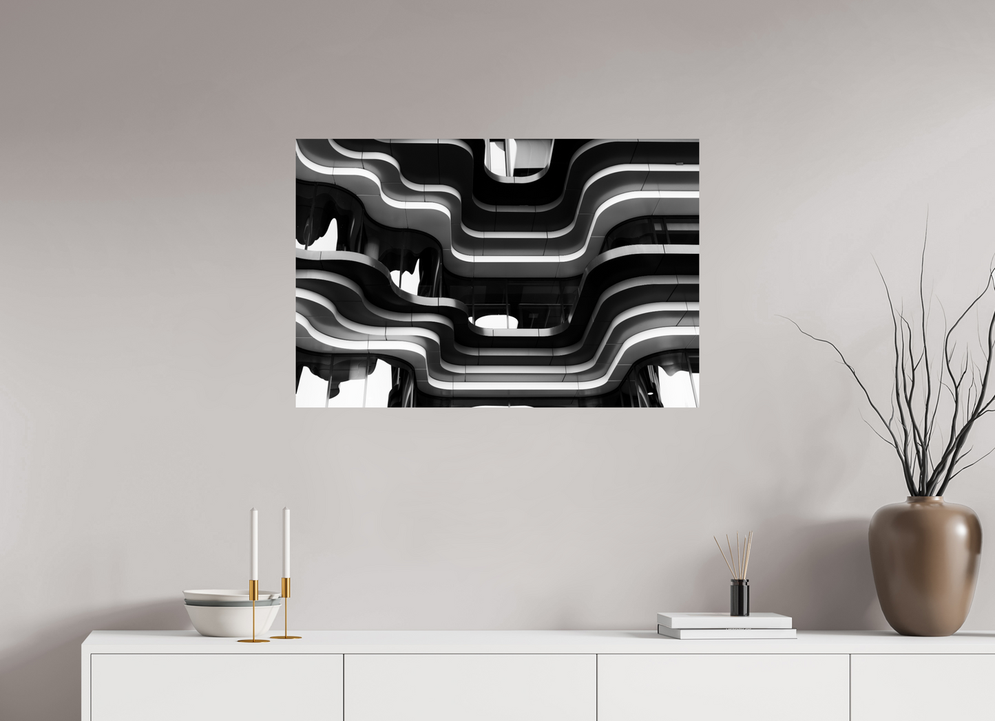 90 x 60 cm, Ilford Photo Print Waves - Abstrakte Schwarzweiß-Architekturfotografie - Hochwertiger Abzug in Galeriequalität