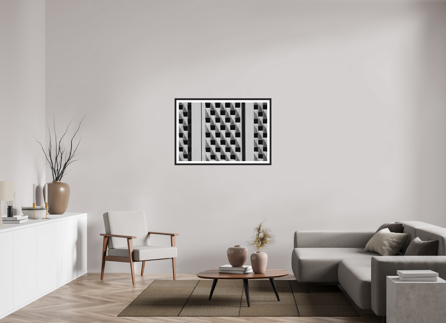 105 x 70 cm, Ilford on Aluminium behind Acrylic Glass, Framed with Border Waffle - Abstrakte Schwarzweiß-Fotografie - Hochwertiger Abzug in Galeriequalität