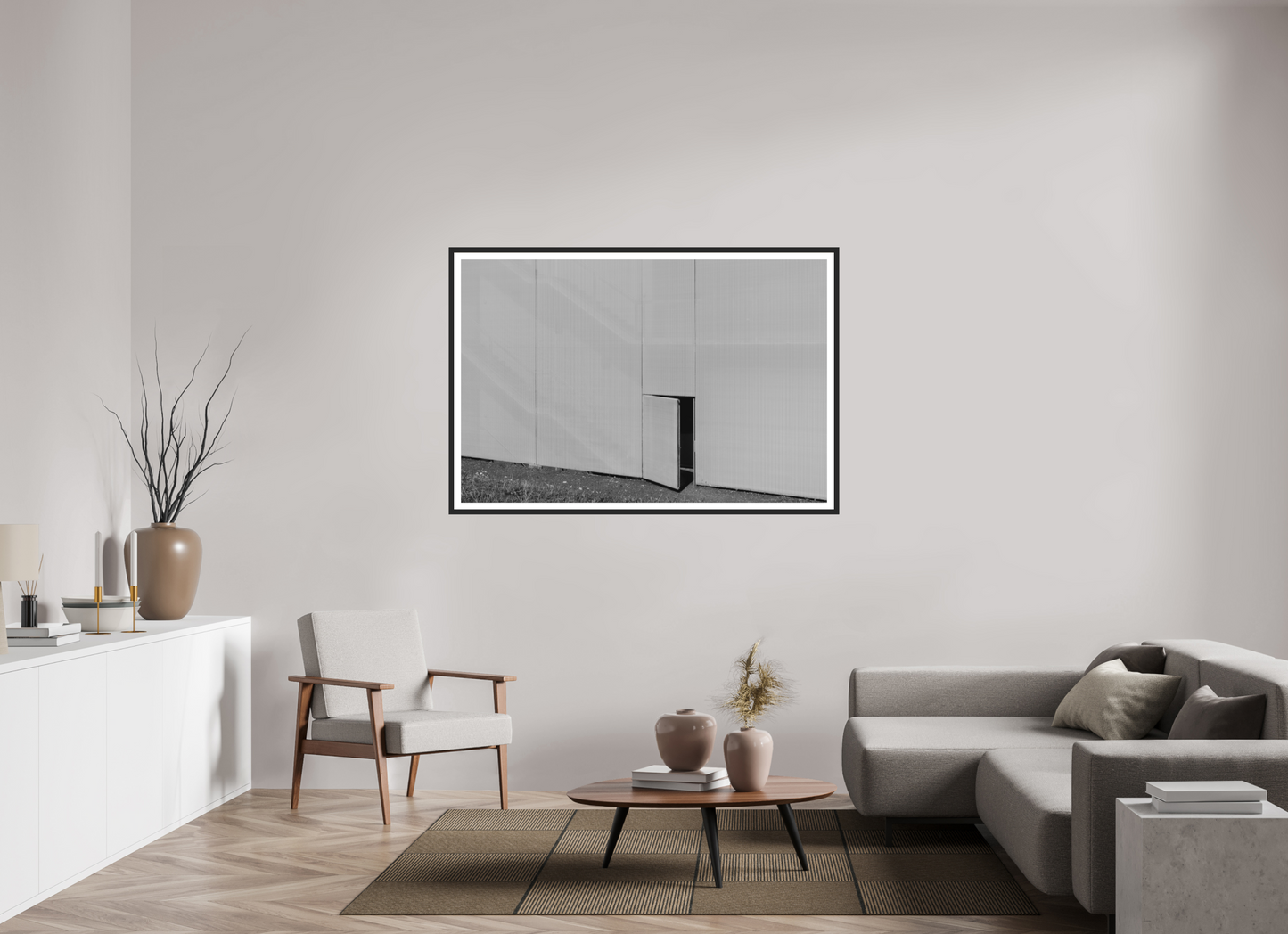 150 x 100 cm, Ilford on Aluminium behind Acrylic Glass, Framed with Border Temptation - Minimalistische Schwarzweiß-Architekturfotografie - Hochwertiger Abzug in Galeriequalität