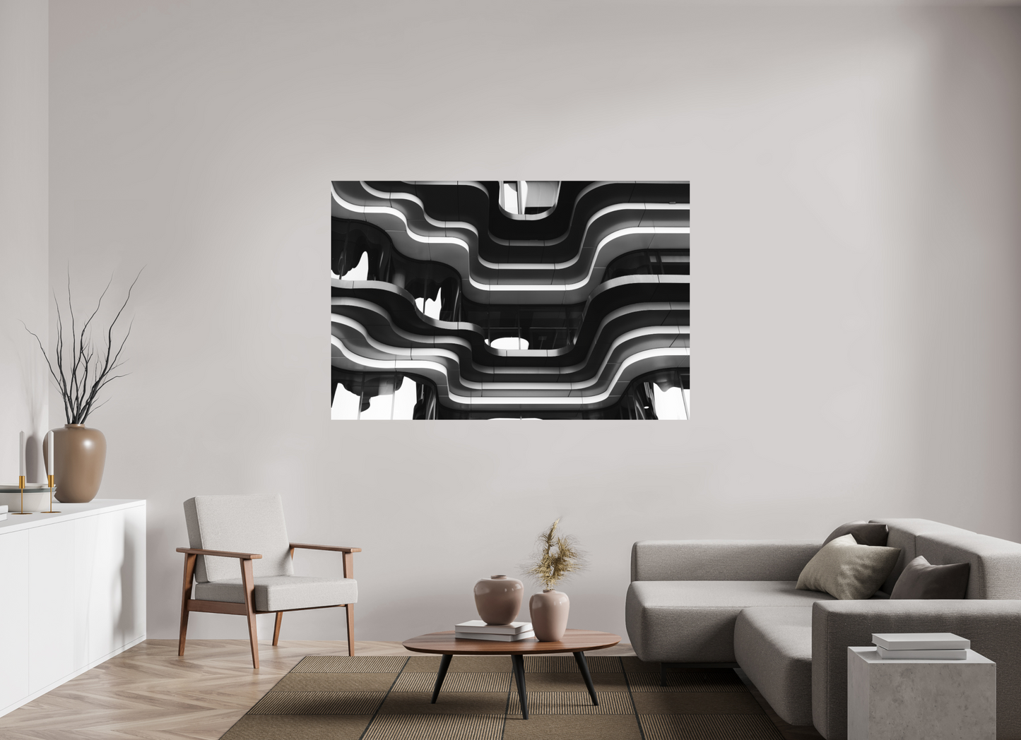 180 x 120 cm, Ilford on Aluminium Waves - Abstrakte Schwarzweiß-Architekturfotografie - Hochwertiger Abzug in Galeriequalität