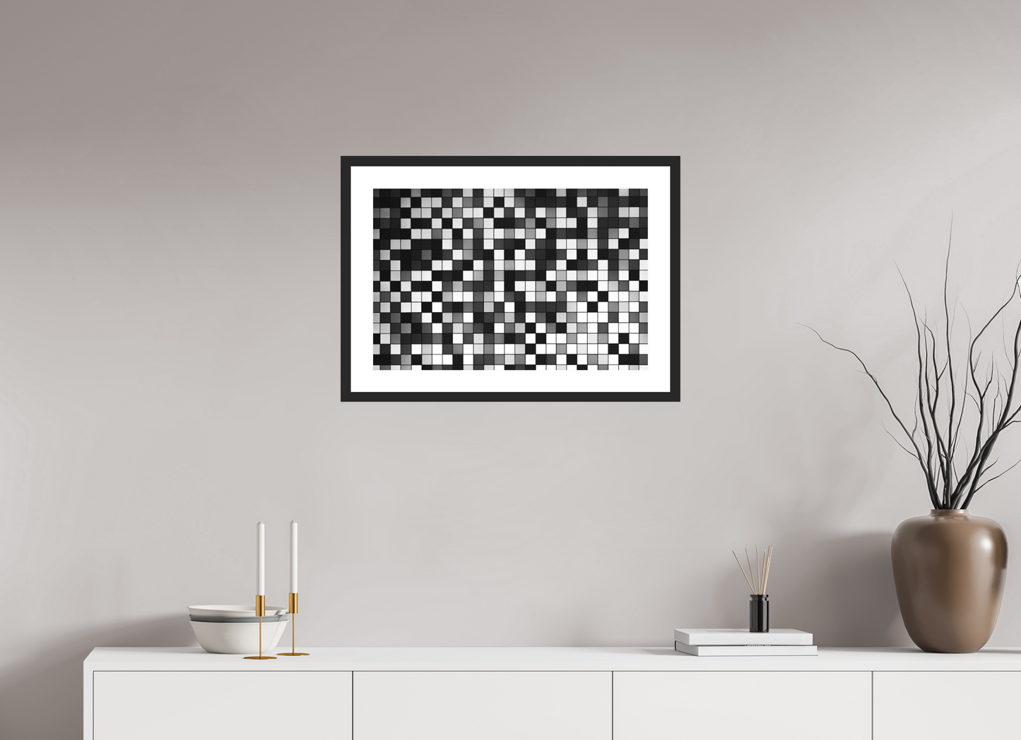 60 x 40 cm, Baryta Framed with Passepartout and Premium Glass Pixels - Abstrakte Schwarzweiß-Fotografie - Hochwertiger Abzug in Galeriequalität