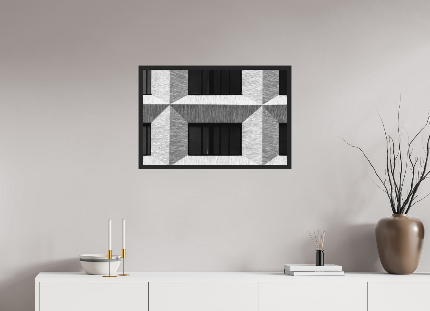 75 x 50 cm, Ilford on Aluminium behind Acrylic Glass, Framed Waffle II - Schwarzweiß-Architekturfotografie, Naheinstellung - Hochwertiger Abzug in Galeriequalität