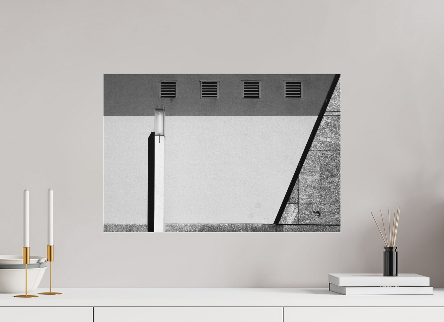 60 x 40 cm, Ilford on Aluminium behind Acrylic Glass Geometry - Abstrakte Schwarzweiß-Architekturfotografie - Hochwertiger Abzug in Galeriequalität