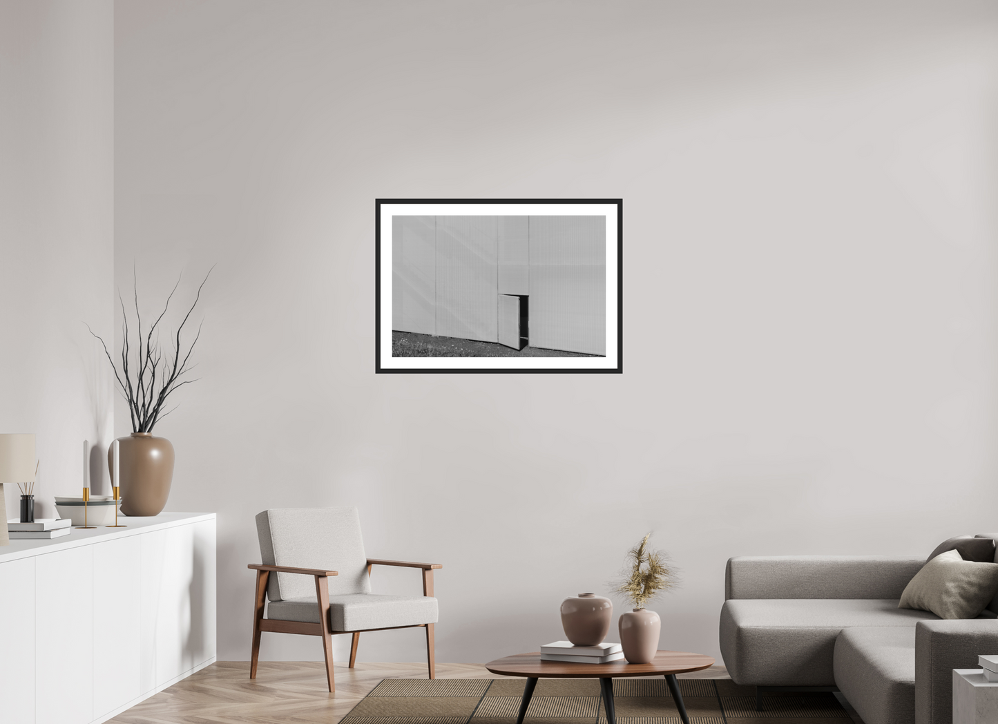 90 x 60 cm, Ilford Framed with Passepartout and Premium Glass Temptation - Minimalistische Schwarzweiß-Architekturfotografie - Hochwertiger Abzug in Galeriequalität