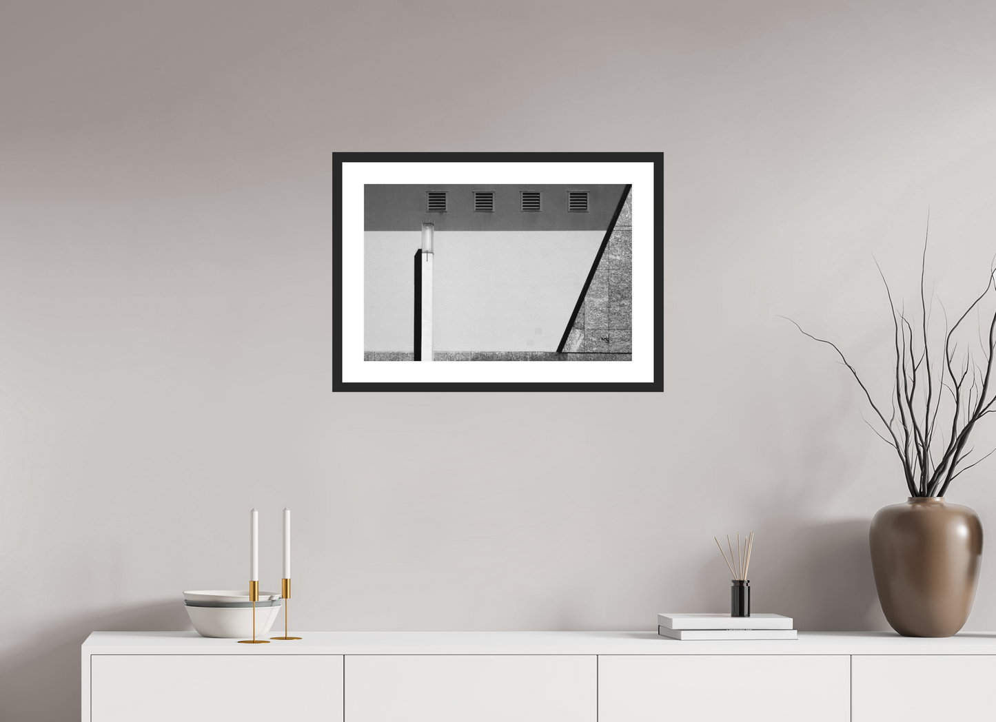 60 x 40 cm, Ilford Framed with Passepartout and Premium Glass Geometry - Abstrakte Schwarzweiß-Architekturfotografie - Hochwertiger Abzug in Galeriequalität
