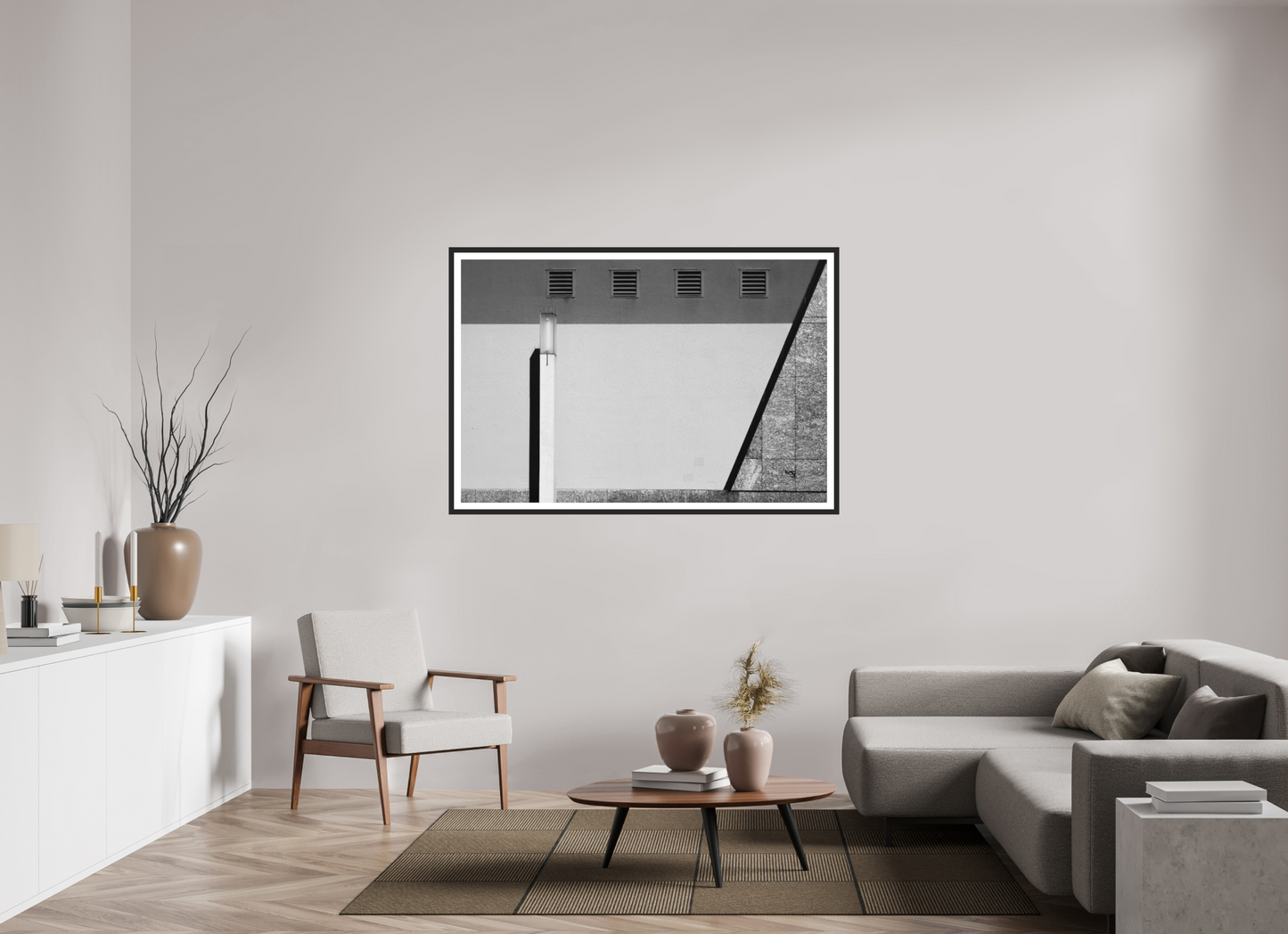 150 x 100 cm, Ilford on Aluminium behind Acrylic Glass, Framed with Border Geometry - Abstrakte Schwarzweiß-Architekturfotografie - Hochwertiger Abzug in Galeriequalität