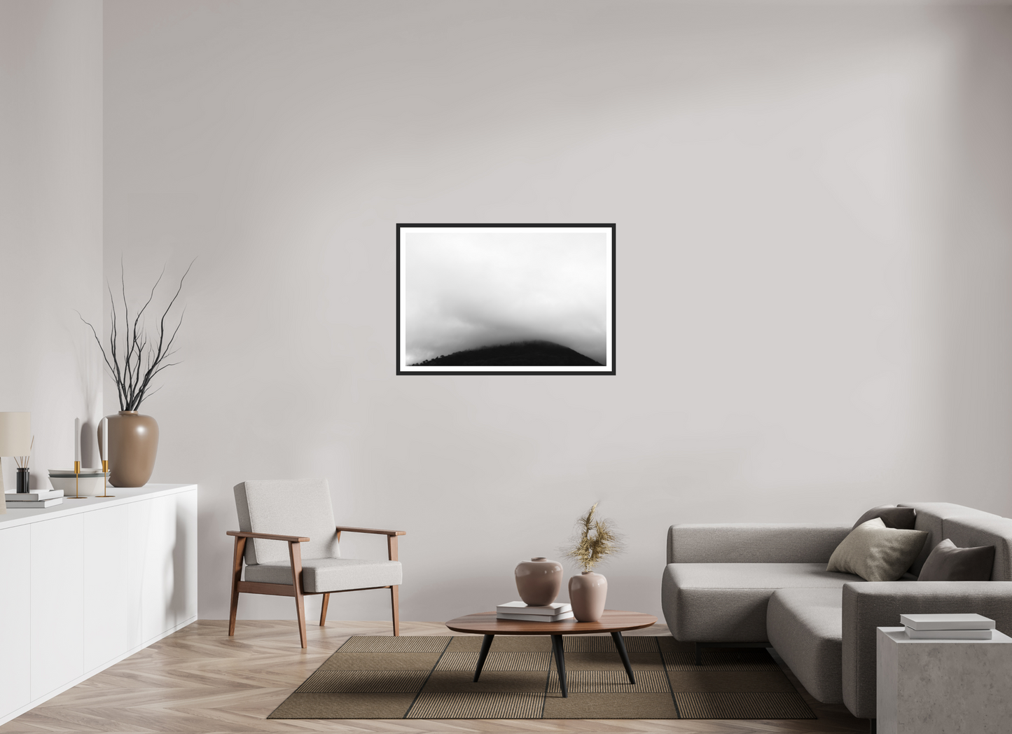 105 x 70 cm, Ilford on Aluminium, Framed with Border Haze II - Minimalistische Schwarzweiß-Landschaftsfotografie - Hochwertiger Abzug in Galeriequalität