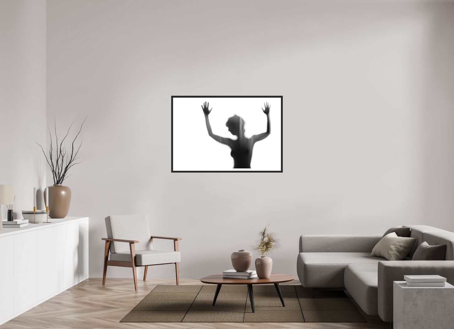 120 x 80 cm, Ilford on Aluminium, Framed with Border Veil III - Abstrakte Schwarzweiß-Fotografie - Teilakt - Hochwertiger Abzug in Galeriequalität