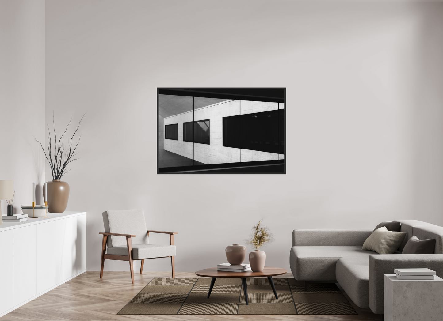 150 x 100 cm, Ilford on Aluminium, Framed Cabin - Schwarzweiß-Architekturfotografie - Hochwertiger Abzug in Galeriequalität